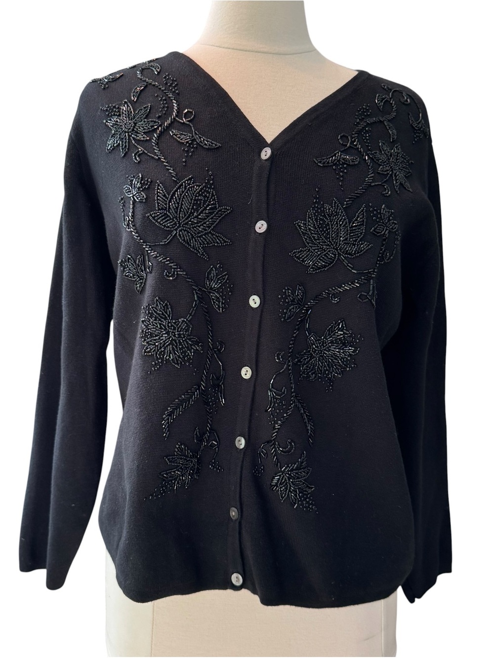 VTG 80/90’s Talbots Cardigan Sweater Black Beaded Floral Sz Medium Button
